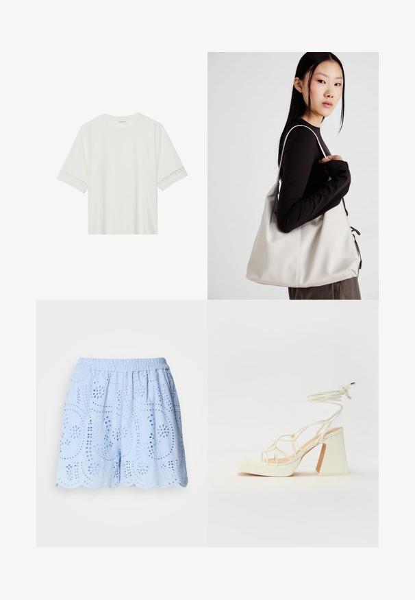Fehér, rövid ujjas póló, pamutból készült, díszes csipkés szegéllyel az ujjak mentén és kerek nyakkivágással.; Világoskék, pamut rövidnadrág hímzett, kivágott mintákkal, rugalmas derékkal és hullámos szegéllyel. Virágos és levélmintás díszítéssel.; Fehér, magassarkú szandál vastag sarokkal, pántos dizájnnal és bokapánttal. Sima textúra, elülső platformmal a megnövelt magasság érdekében.; Puha anyagból készült bézs kézitáska, laza dizájnnal, varrott részletekkel és két vállpánttal. Mindennapi használatra alkalmas.