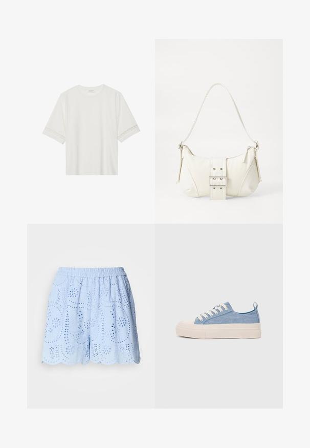 Hvit t-skjorte med kort erme laget av bomull, med dekorativ blondekant langs ermene og en rund halslinning.; Lys blå, bomullsshorts med broderte utskårne mønstre, elastisk midje og bølget kant. Har blomster- og bladdesign.; Lys blå canvastøfler med en kremfarget gummitupp og yttersåle, med hvite snørebånd og en løfteløkke på hælen.; Hvit skulderveske med teksturert overflate, sentral spennefokus og buet form. Glidelåslukking på begge sider.