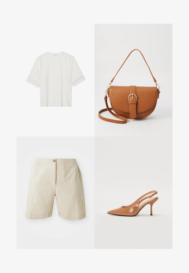 Balta īsām piedurknēm T-kreklu, izgatavotu no kokvilnas, ar dekoratīvu mežģīņu apdari ap piedurknēm un apaļu kakla izgriezumu.; Beidžas lina šorti ar pogu aizdari, brīvu piegriezumu un uzlocītām malām. Gluda tekstūra ar smalku, audumu rakstu.; Izteikts pirksta siksnas zābaks, izgatavots no gludas, spīdīgas brūnas materiāla. Piedāvā izliekta izgriezuma dizainu un smalku stiletto papēdi. Sudraba sprādze.; Brūns ādas plecu soma ar izliekta formu, zelta piederumiem un sprādzes akcentu. Iesaiņota ar noņemamu plecu siksnu.