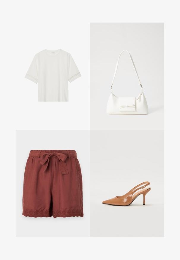 Fehér, rövid ujjas póló, pamutból készült, díszes csipkés szegéllyel az ujjak mentén és kerek nyakkivágással.; Rozsdabarna rövidnadrág, könnyű anyagból, rugalmas derékrésszel és megkötővel, valamint bonyolult, hullámos hímzéssel az alján.; Fingerszűk, hegyes orrú, háttámlás sarokcipő sima, fényes barnás anyagból. Íves kivágású dizájn és karcsú stiletto sarkú. Ezüst csattal ellátva.; Fehér szintetikus kézitáska, háromszög alakú, lapos előlap, masni részlettel, állítható pánttal, sima textúrával és minimalista dizájnnal.