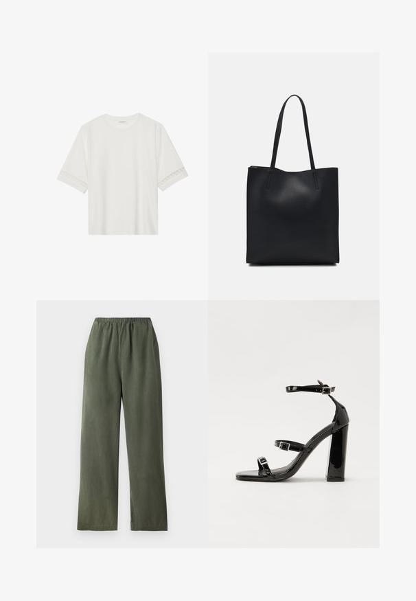 Biała, krótka koszulka z bawełny z dekoracyjnym koronkowym wykończeniem przy rękawach i okrągłym dekoltem.; Zielone, szerokie spodnie wykonane z miękkiego materiału z elastycznym pasem. Charakteryzują się gładką fakturą oraz prostym, minimalistycznym wzornictwem.; Czarne lakierowane sandały na obcasie z kwadratowym noskiem, z paskami wokół kostki i srebrnymi klamrami. Posiadają masywny słupek dla stabilności.; Czarna skórzana torba tote o gładkiej fakturze, prostokątnym kształcie i dwóch długich uchwytach. Brak widocznych elementów metalowych i ozdób.