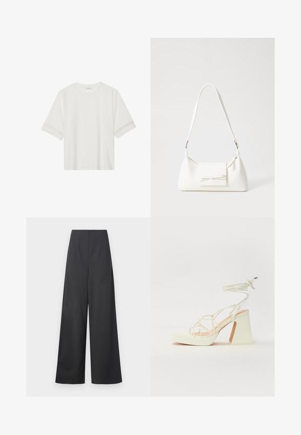 Witte korte mouwen t-shirt van katoen, met een decoratieve kantafwerking langs de mouwen en een ronde halslijn.; Hoge taille, wijde broek in donkergrijze stof met een gladde textuur. Bevat geen zichtbare zakken of versieringen.; Witte hoge hakken sandaal met een chunky hak, met een bandjesontwerp en enkelband. Gladde textuur met een plateau voor extra hoogte.; Witte synthetische handtas met een driehoekige vorm, platte voorklep en strikdetail, verstelbare schouderriem, gladde textuur en minimalistisch ontwerp.