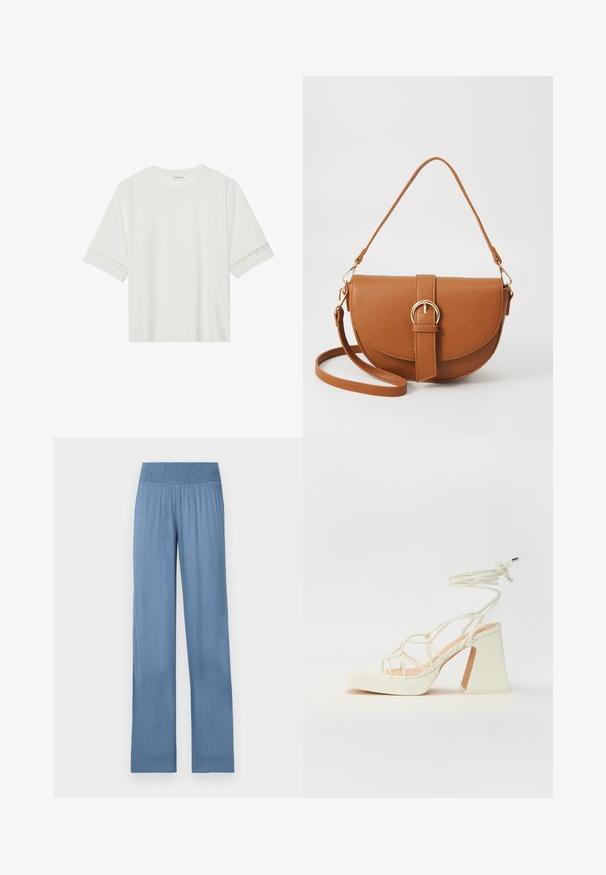 Biele tričko s krátkym rukávom vyrobené z bavlny, s dekoratívnym čipkovým lemovaním pozdĺž rukávov a okrúhlym výstrihom.; Svetlomodré nohavice so širším strihom a elastickým pásom, vyrobené z textúrovanej látky, so strímkovým strihom a dĺžkou po členky.; Biele sandále na vysokom opätku s hrubým podpätkom, s pruhovaným dizajnom a viazaním na členku. Hladký povrch s platformou vpredu pre zvýšenú výšku.; Hnedá kožená kabelka cez telo s zakriveným tvarom, zlatými kovovými doplnkami a akcentom s prackou. Obsahuje odnímateľný ramenný popruh.
