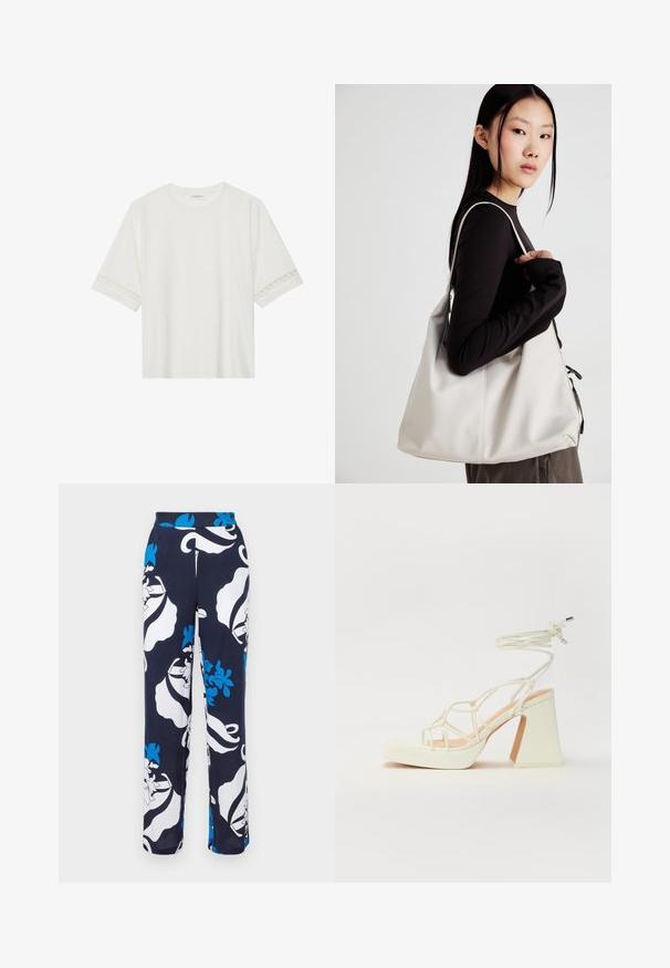 Bela kratka majica s kratkimi rokavi iz bombaža, okrašena z dekorativnim čipkastim robom ob rokavih in okroglo izrezom.; Mornarsko modri hlače iz blaga z velikimi modrimi in belimi cvetličnimi motivi, širok kroj, gladka tekstura in visok pas.; Bela sandala na visokih petah s debelim petam, ki ima obliko trakcev in vezanje okoli gležnja. Gladka tekstura z platformo spredaj za dodatno višino.; Bežna torbica iz mehkega materiala, z ohlapno zasnovo, šivi in dvema naramnicama. Primerna za vsakodnevno uporabo.