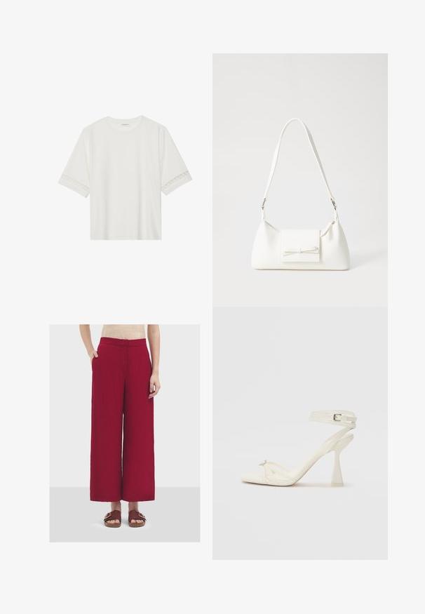 Bílé tričko s krátkým rukávem vyrobené z bavlny, s dekorativní krajkovou aplikací na rukávech a kulatým výstřihem.; Kalhoty s širokými nohavice z texturované tmavě červené látky. Obsahují boční kapsy a prošívaný pás. Spárováno s hnědými sandály.; Bílé kožené sandály na vysokém podpatku s tenkými řemínky, elegantním designem, průhledným blokovým podpatkem a dekorativním prvkem na špičce.; Bílá syntetická kabelka v trojúhelníkovém tvaru, s plochým předním klopným víkem a detailem mašle, nastavitelným popruhem, hladkým povrchem a minimalistickým designem.