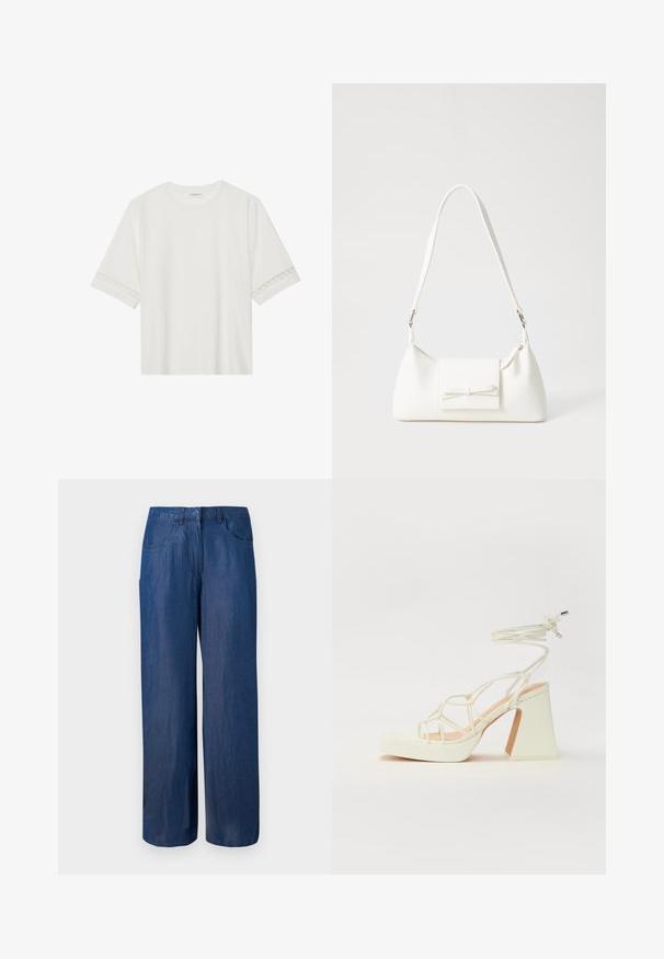 Weißes T-Shirt mit kurzen Ärmeln aus Baumwolle, mit dekorativem Spitzenbesatz entlang der Ärmel und einem runden Ausschnitt.; Weite Denim-Hosen in Dunkelblau. Aus Baumwolle mit einer glatten Textur gefertigt. Verfügt über zwei Vordertaschen und einen Knopfverschluss an der Taille.; Weiße High-Heel-Sandale mit einem klobigen Absatz, die über ein Riemchendesign und ein Knöchelband verfügt. Glatte Textur mit einer Plattform vorne für zusätzliche Höhe.; Weiße synthetische Handtasche in dreieckiger Form, flache Vorderklappe und Schleifendetail, verstellbarer Trageriemen, glatte Textur und minimalistisches Design.