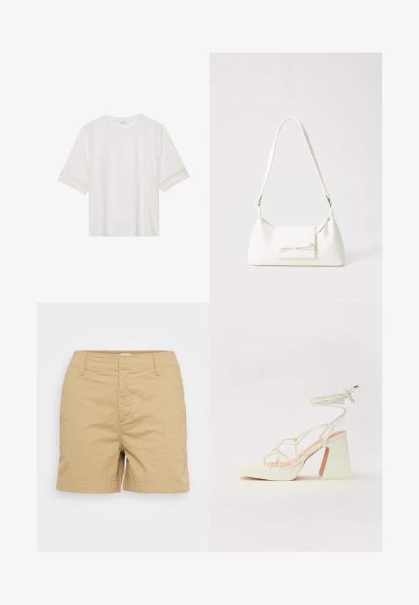 T-shirt branco de manga curta feito de algodão, com bainha de renda decorativa nas mangas e decote redondo.; Calções de algodão beges com um design sob medida, apresentando bolsos frontais e passantes para cinto, textura suave e um acabamento retos.; Sandálias brancas de salto alto com um salto robusto, apresentando um design com tiras e amarração no tornozelo. Textura suave com uma plataforma na frente para altura adicional.; Mala sintética branca com formato triangular, aba frontal plana e detalhe de laço, alça ajustável, textura suave e design minimalista.