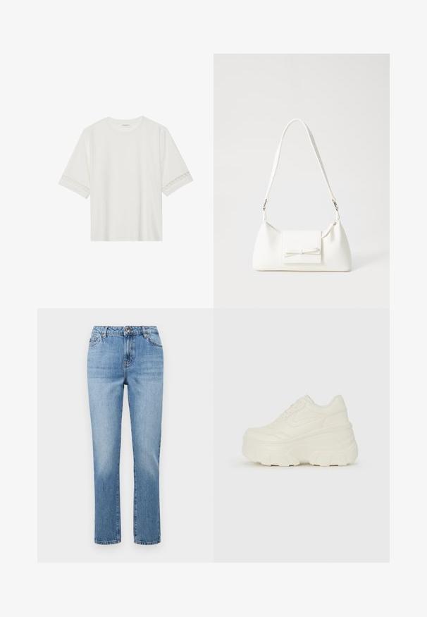 Balta īsām piedurknēm T-kreklu, izgatavotu no kokvilnas, ar dekoratīvu mežģīņu apdari ap piedurknēm un apaļu kakla izgriezumu.; Gai zilas taisna piegriezuma džinsi, kas izgatavoti no denima, ar jostu, jostu cilpiņām, priekšējiem kabatām un smalkiem izbalēšanas akcentiem.; Baltie platformas sporta apavi, kas izgatavoti no gludas mākslīgās ādas, ar noapaļotu formu, mīkstu apkakli un teksturētu gumijas zoli ar izteiktiem rakstiem.; Balta sintētiska soma ar trīsstūrveida formu, plakanu priekšējo vāciņu un loku detaļu, regulējamu siksnu, gludu tekstūru un minimālistisku dizainu.