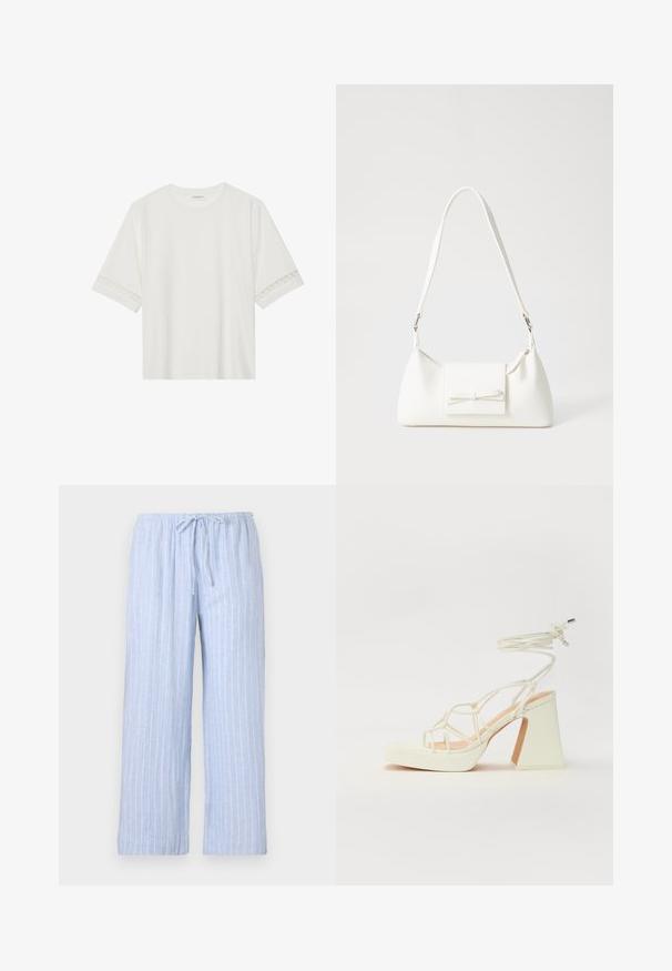 Balta trumpomis rankovėmis marškinėliai, pagaminti iš medvilnės, su dekoratyviais nėriniais aplink rankoves ir apvaliu kaklu.; Šviesiai mėlynos pižamos kelnės su baltomis vertikaliomis juostelėmis, pagamintos iš švelnios medžiagos, su elastinga juosmens juosta ir reguliuojamu raiščiu.; Balti aukštakulniai sandalai su masyviu kulnu, su dirželių dizainu ir kulkšnies raiščiu. Lygi tekstūra su platforma priekyje, suteikianti papildomą aukštį.; Balta sintetinė rankinė trikampio formos, plokščiu priekiu su užsegimu, kaspino detale, reguliuojama dirželiu, lygia tekstūra ir minimalistišku dizainu.