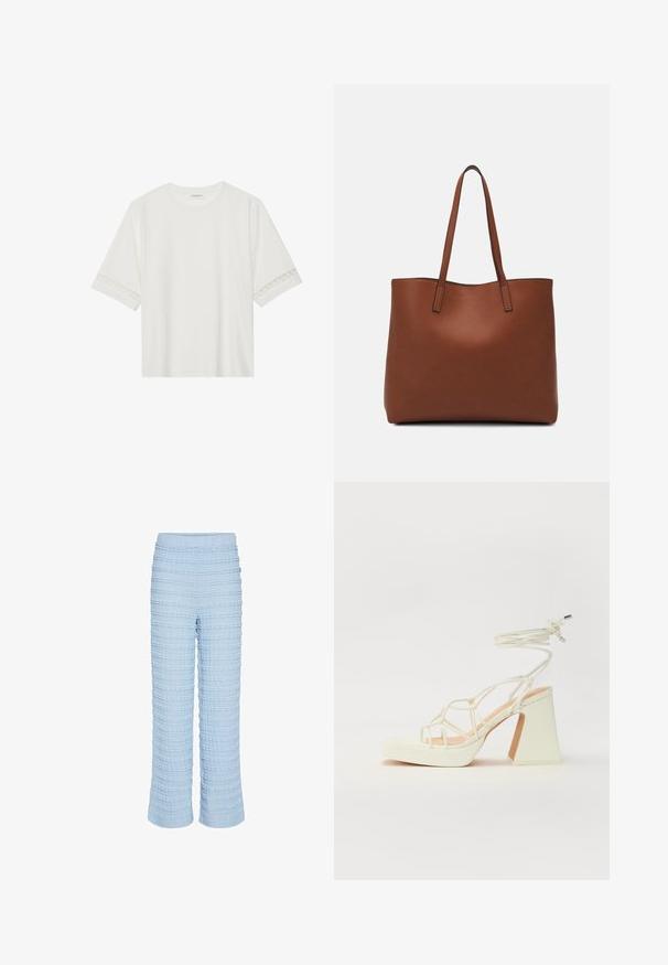 Valge lühikese varrukaga T-särk, mis on valmistatud puuvillast, kaunistatud pitsiga varrukate ääres ja ümmarguse kaelusega.; Heledad sinise tekstuuriga püksid, millel on horisontaalne triibumuster, elastne vöökoht ja lõtv istuvus sirgete jalgadega. Valmistatud pehmest kangast.; Valged kõrge kontsaga sandaalid, millel on paks konts ja rihmadega disain koos pahkluu sidumisega. Sile tekstuur ja platvorm ees, et lisada kõrgust.; Pruun nahast tote-kott, millel on sile tekstuur, avatud ülaosa disain ja kaks õlarihma. Omab minimaalset õmblust ja nähtavat riistvara ei ole.