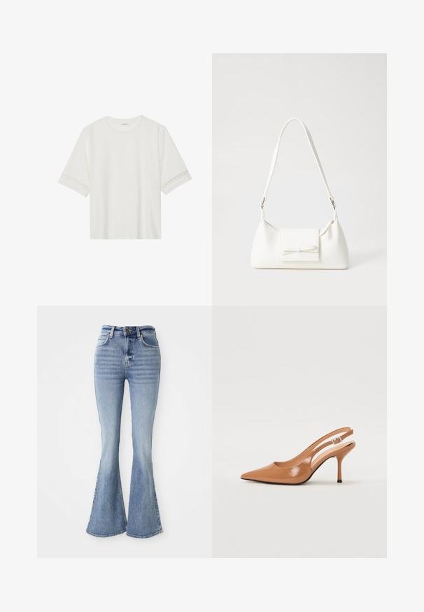 Fehér, rövid ujjas póló, pamutból készült, díszes csipkés szegéllyel az ujjak mentén és kerek nyakkivágással.; Világoskék, magas derekú farmernadrág, haranglábbal, elülső gombbal és zsebekkel, fehér háttéren bemutatva.; Fingerszűk, hegyes orrú, háttámlás sarokcipő sima, fényes barnás anyagból. Íves kivágású dizájn és karcsú stiletto sarkú. Ezüst csattal ellátva.; Fehér szintetikus kézitáska, háromszög alakú, lapos előlap, masni részlettel, állítható pánttal, sima textúrával és minimalista dizájnnal.