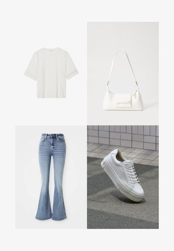 White short-sleeve t-shirt made from cotton, featuring decorative lace trim along the sleeves and a round neckline.; Light blue high-waist denim jeans with flared legs, front button, and pockets, displayed on a white background.; White leather sneaker with a low-top design, flat laces, rounded toe, and textured sides. Thick rubber sole with subtle accents.; White synthetic handbag with a triangular shape, flat front flap and bow detail, adjustable strap, smooth texture, and minimalistic design.