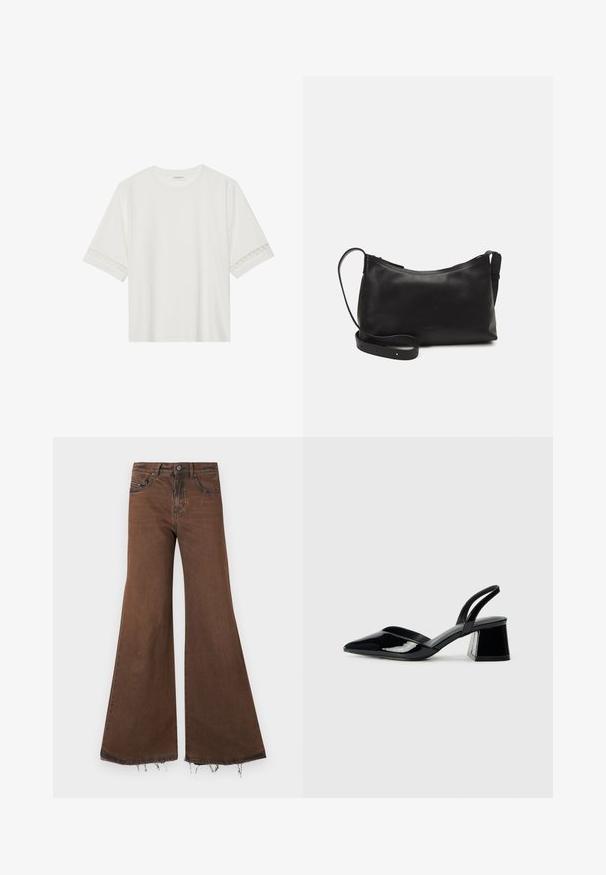 Hvit t-skjorte med kort erme laget av bomull, med dekorativ blondekant langs ermene og en rund halslinning.; Brune vide jeans med rå kant, med fem lommer og metal hardware. Stoffet ser litt slitt ut, noe som fremhever tekstur og detaljer.; Svarte patentlær slingback hæler med spiss tå og geometrisk blokk hæl. Har et stilrent, minimalistisk design og jevn tekstur.; Svart skinn skulderveske med glatt tekstur, buet form, justerbar stropp og glidelås. Minimalistisk design uten dekorasjoner.