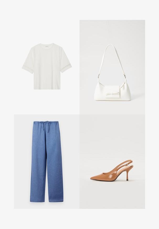 Bjela majica kratkih rukava od pamuka, s dekorativnom čipkastom obrubom duž rukava i okruglim izrezom.; Svijetloplave široke hlače s elastikom u struku, izrađene od mekane tkanine, s glatkom teksturom i slobodnim krojem.; Sandal s petom u obliku šiljastog prsta od glatkog, sjajnog smeškastog materijala. Ima zakrivljeni izrez i vitku štiklu. Detalj s srebrnom kopčom.; Bijela sintetička torbica s trokutastim oblikom, ravnim prednjim poklopcem i detaljem u obliku mašne, podesivom remenom, glatkom teksturom i minimalističkim dizajnom.