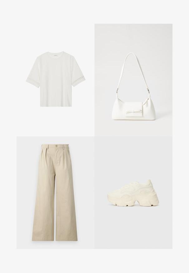 Valge lühikese varrukaga T-särk, mis on valmistatud puuvillast, kaunistatud pitsiga varrukate ääres ja ümmarguse kaelusega.; Kreemjad laiad püksid, mis on valmistatud puuvillast, pleatidega, nööbi kinnihoidmisega ja küljetaskutega, sujuva ja pehme tekstuuriga.; Paksud valged tennised, mis on valmistatud tekstureeritud võrgu- ja sünteetilistest materjalidest, pakuvad paksu tallaga ja keerukat mustrit külgedel.; Valge sünteetilisest materjalist kott kolmnurkse kujuga, lame esiklapiga ja kaaredetailiga, reguleeritava rihmaga, sileda tekstuuriga ja minimalistliku disainiga.