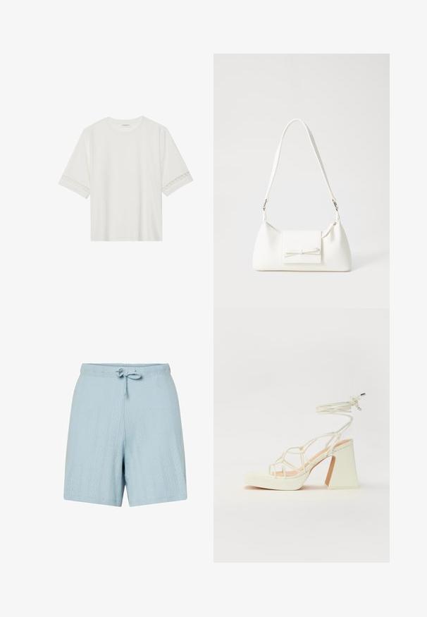 Balta īsām piedurknēm T-kreklu, izgatavotu no kokvilnas, ar dekoratīvu mežģīņu apdari ap piedurknēm un apaļu kakla izgriezumu.; Gaiši zilas kokvilnas šortos ar teksturētu rakstu, ar aukliņu jostu un brīvu piegriezumu. Satur diagonālas svītras un smalkus dimanta formālus.; Baltas augstpapēžu sandales ar masīvu papēdi, ar siksnu dizainu un potītes saistītiem elementiem. Gluda tekstūra ar platformu priekšpusē, lai nodrošinātu papildu augstumu.; Balta sintētiska soma ar trīsstūrveida formu, plakanu priekšējo vāciņu un loku detaļu, regulējamu siksnu, gludu tekstūru un minimālistisku dizainu.