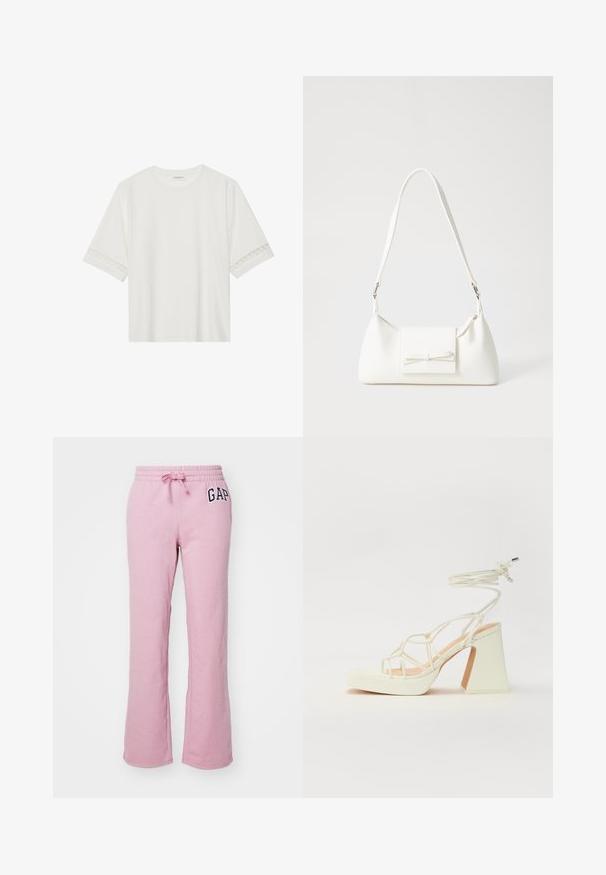 Camiseta blanca de manga corta hecha de algodón, con un ribete decorativo de encaje en las mangas y un escote redondo.; GAP HERITAGE - Pantalones deportivos - lilas pink; Sandalia de tacón alto blanca con un tacón grueso, que presenta un diseño de tiras y un lazo en el tobillo. Textura suave con una plataforma en la parte delantera para mayor altura.; Bolso sintético blanco con forma triangular, tapa frontal plana y detalle de lazo, correa ajustable, textura suave y diseño minimalista.