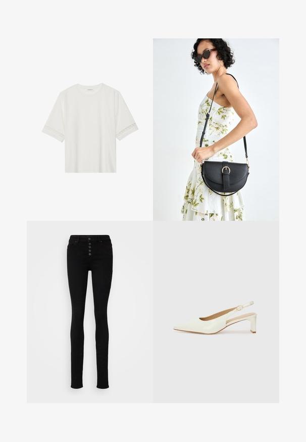 Balta trumpomis rankovėmis marškinėliai, pagaminti iš medvilnės, su dekoratyviais nėriniais aplink rankoves ir apvaliu kaklu.; Juodos, aukštu liemeniu, liesos džinsinės kelnės, pagamintos iš džinsinio audinio, su penkiais mygtukais priekyje, diržo kilpomis ir lygiu paviršiumi.; Baltas lakinės oda slingback batelis su smailiu nosiu ir žemu blokiniu kulnu. Yra subtilus dirželis su auksiniu užsegimu.; Juodas odinis krepšys su išlenkta forma, nuimamu dirželiu ir auksiniais detalėmis. Krepšys turi kilpą su sagtimi.