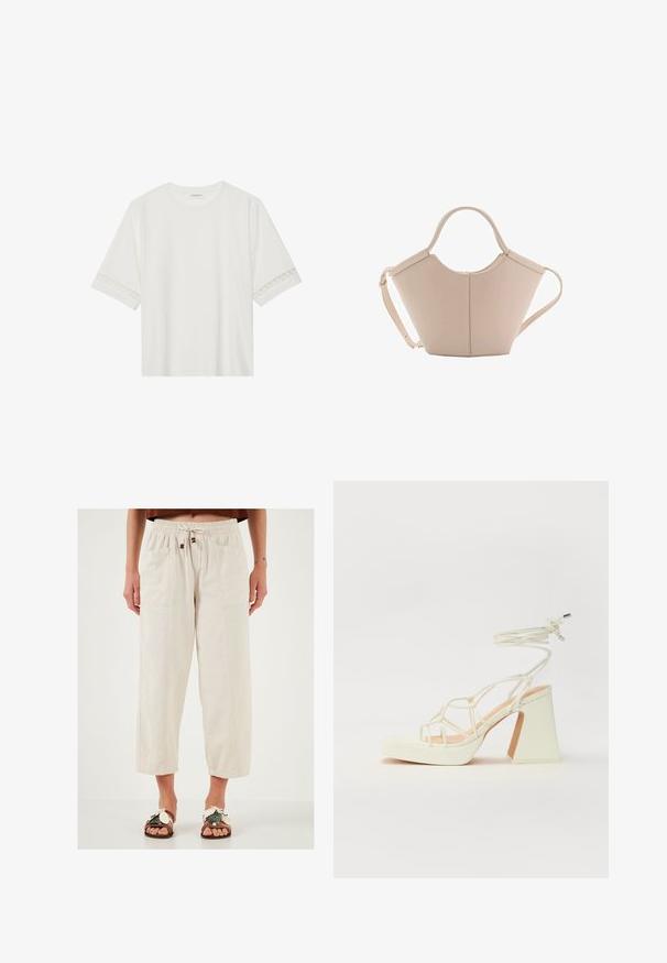 Tricou alb cu mânecă scurtă, confecționat din bumbac, cu dantelă decorativă pe marginea mânecilor și un guler rotund.; Pantaloni bej, ușori, cu pantaloni evazați, dotati cu un talie elastică, șnur și două buzunare frontale. Material texturat cu o tăietură lejeră.; Sandale albe cu toc înalt și gros, cu un design cu curele și legătură la gleznă. Textură netedă, cu o platformă frontală pentru înălțime suplimentară.; Geantă de mână bej din piele cu o formă unică, dotată cu două mânere scurte și o curea lungă ajustabilă. Textură netedă, cu hardware minim.