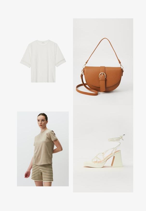White short-sleeve t-shirt made from cotton, featuring decorative lace trim along the sleeves and a round neckline.; Beige cotton t-shirt with short sleeves, paired with textured shorts featuring alternating stripes of cream and light brown.; White high-heeled sandal with a chunky heel, featuring a strappy design and ankle tie. Smooth texture with a platform front for added height.; Brown leather crossbody bag with a curved shape, gold hardware, and a buckle accent. Features a detachable shoulder strap.