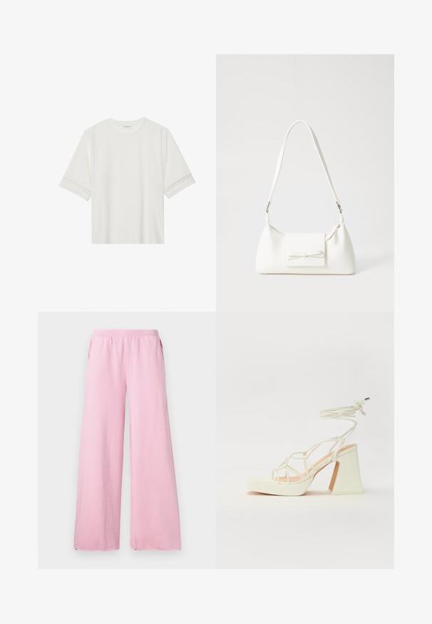 Bjela majica kratkih rukava od pamuka, s dekorativnom čipkastom obrubom duž rukava i okruglim izrezom.; Roze široke hlače izrađene od mekanog materijala s elastičnom waistband-om i bočnim džepovima. Imaju ravni, lepršavi kroj.; Bijela sandala na visokoj potpetici s debelim petom, s remenom i vezanjem oko gležnja. Glatka tekstura s platformom sprijeda za dodatnu visinu.; Bijela sintetička torbica s trokutastim oblikom, ravnim prednjim poklopcem i detaljem u obliku mašne, podesivom remenom, glatkom teksturom i minimalističkim dizajnom.