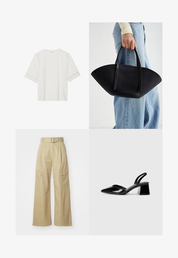 Valge lühikese varrukaga T-särk, mis on valmistatud puuvillast, kaunistatud pitsiga varrukate ääres ja ümmarguse kaelusega.; Beežid cargo püksid laiade jalgadega, valmistatud kergest kangast. Omavad vöödega talje, kahte küljetaskut ja eristuvaid ees olevaid voldikesi.; Mustad musta lakknahk kingad, millel on terav varvas ja geomeetriline plokkkonts. Omab elegantselt minimalistlikku disaini ja sujuvat tekstuuri.; Must mustra kott, millel on unikaalne fännikujuline disain, millel on lapikud käepidemed. Pinna tekstuur on kivikujuline ja disain on minimalistlik.