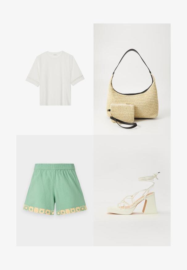 Balta īsām piedurknēm T-kreklu, izgatavotu no kokvilnas, ar dekoratīvu mežģīņu apdari ap piedurknēm un apaļu kakla izgriezumu.; Gaiši zaļi šorti ar elastīgu jostu un dzeltenu ziedu rakstu ap apakšmalu. Mīksts, viegls audums ar brīvu piegriezumu.; Baltas augstpapēžu sandales ar masīvu papēdi, ar siksnu dizainu un potītes saistītiem elementiem. Gluda tekstūra ar platformu priekšpusē, lai nodrošinātu papildu augstumu.; Auduma salmu rokassoma ar izliekta siluetu, kas ir aprīkota ar gludu melnu ādas rokturi un atbilstošu mazu maciņu, kas piestiprināts pie plaukstas siksniņas.