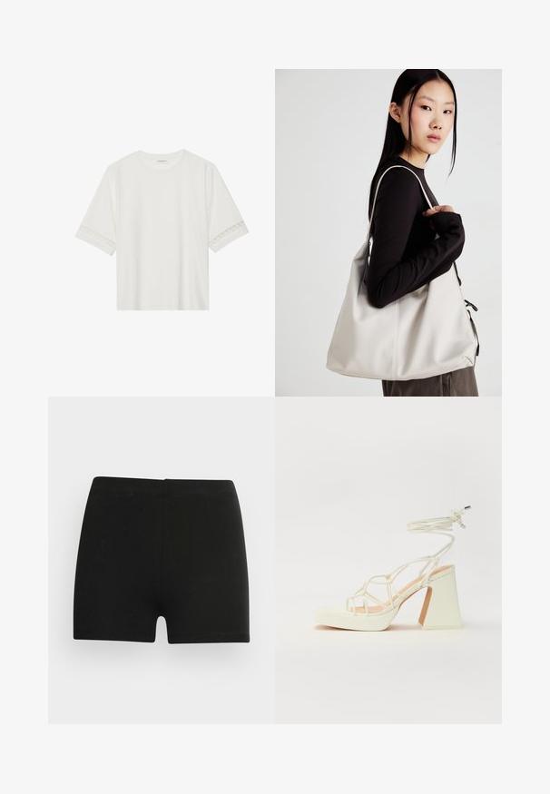 Weißes T-Shirt mit kurzen Ärmeln aus Baumwolle, mit dekorativem Spitzenbesatz entlang der Ärmel und einem runden Ausschnitt.; Schwarze Baumwollshorts mit taillierter Passform und elastischem Bund. Glatte Textur, mittellange Beinlänge bis zum Oberschenkel, ohne sichtbare Muster oder Verzierungen.; Weiße High-Heel-Sandale mit einem klobigen Absatz, die über ein Riemchendesign und ein Knöchelband verfügt. Glatte Textur mit einer Plattform vorne für zusätzliche Höhe.; Beige Handtasche aus weichem Material, mit einem lässigen Design, gesteppten Details und zwei Schulterriemen. Geeignet für den täglichen Gebrauch.