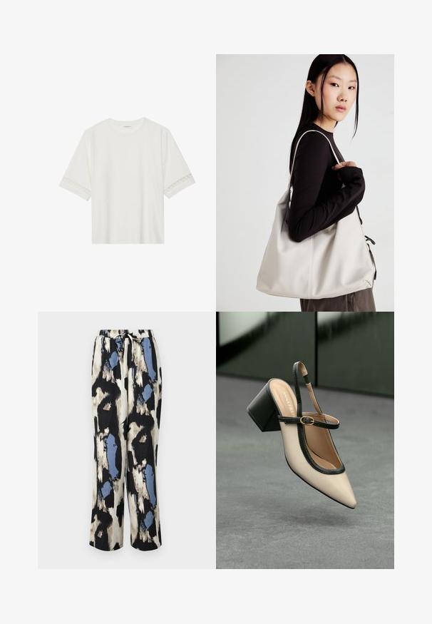 Biele tričko s krátkym rukávom vyrobené z bavlny, s dekoratívnym čipkovým lemovaním pozdĺž rukávov a okrúhlym výstrihom.; Uvoľnené nohavice s potlačou v kombinácii krémovej, čiernej a modrej farby s textúrovaným abstraktným vzorom. Obsahuje elastický pás so sťahovacou šnúrkou.; Béžová lodička so špicatou špičkou, s čiernym lemom, zlatou prackou a robustným blokovým podpätkom na šedom podlahe s tmavozeleným pozadím.; Béžová kabelka vyrobená z mäkkého materiálu, s uvoľneným dizajnom, prišitými detailmi a dvoma popruhmi na nosenie na pleciach. Vhodná na každodenné nosenie.