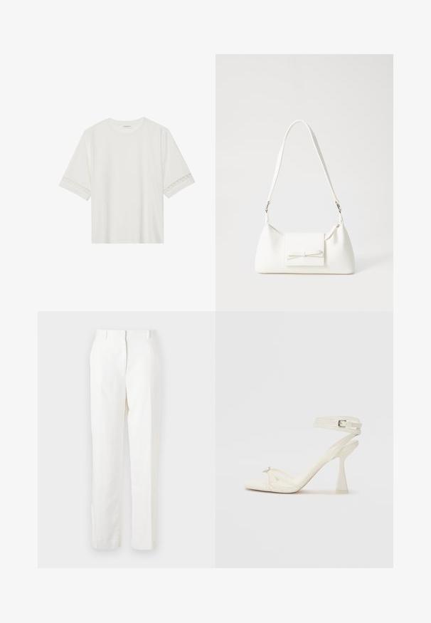 Balta īsām piedurknēm T-kreklu, izgatavotu no kokvilnas, ar dekoratīvu mežģīņu apdari ap piedurknēm un apaļu kakla izgriezumu.; Baltas, taisnas bikses izgatavotas no viegla auduma ar nedaudz tekstūru. Iespējami priekšējie kabatas un viena grumbas detaļa, kas piešķir papildu pievilcību.; Balti ādas striķu augstpapēžu sandales ar elegantu dizainu, caurspīdīgu blokveida papēdi un dekoratīvu elementu pirksta daļā.; Balta sintētiska soma ar trīsstūrveida formu, plakanu priekšējo vāciņu un loku detaļu, regulējamu siksnu, gludu tekstūru un minimālistisku dizainu.