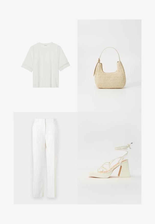 Biała, krótka koszulka z bawełny z dekoracyjnym koronkowym wykończeniem przy rękawach i okrągłym dekoltem.; Białe, proste spodnie wykonane z lekkiego materiału o delikatnej teksturze. Posiadają kieszenie z przodu i jeden zakładkę dla dodatkowego akcentu.; Biała sandał na wysokim obcasie z masywnym słupkiem, z paskowym wzorem i wiązaniem przy kostce. Gładka faktura z platformą z przodu dla dodatkowej wysokości.; Torebka z plecionego słomy w odcieniu beżowym o zaokrąglonym kształcie, z krótkim uchwytem i bocznym zamkiem błyskawicznym. Posiada teksturowaną powierzchnię i minimalistyczny design.