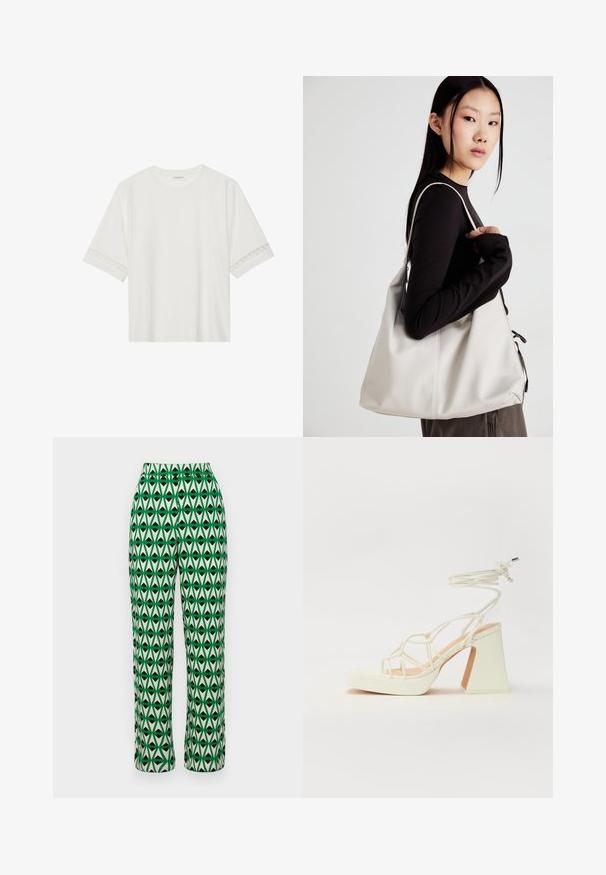 Balta īsām piedurknēm T-kreklu, izgatavotu no kokvilnas, ar dekoratīvu mežģīņu apdari ap piedurknēm un apaļu kakla izgriezumu.; Zaļas un krēmkrāsas platās bikses ar melnu atkārtotu ģeometrisku lapu rakstu. Izgatavotas no viegla auduma ar gludu tekstūru.; Baltas augstpapēžu sandales ar masīvu papēdi, ar siksnu dizainu un potītes saistītiem elementiem. Gluda tekstūra ar platformu priekšpusē, lai nodrošinātu papildu augstumu.; Bežs rokassoma, izgatavota no mīksta materiāla, ar brīvu dizainu, izšūtu apdari un divām plecu siksnām. Piemērota ikdienas lietošanai.