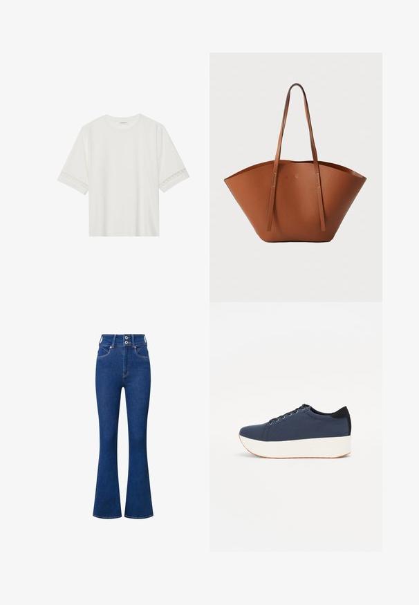 Tricou alb cu mânecă scurtă, confecționat din bumbac, cu dantelă decorativă pe marginea mânecilor și un guler rotund.; Jeans evazați cu talie înaltă din denim albastru închis. Prezintă închidere cu două butoane, buzunare frontale și detalii subtile de cusătură de-a lungul cusăturilor.; Sneaker albastru închis, cu un material texturat pe partea superioară, talpă platformă albă, vârf rotunjit și accent de călcâi negru. Dispune de șase găuri pentru șireturi.; Geantă tote din piele maro, cu o formă largă și bine structurată, mânere subțiri și un finisaj texturat. Prezintă un design minimalist, fără hardware vizibil.