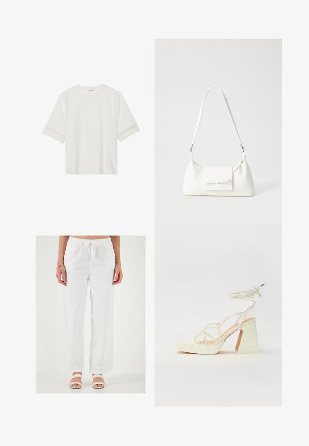 Witte korte mouwen t-shirt van katoen, met een decoratieve kantafwerking langs de mouwen en een ronde halslijn.; Witte, loszittende linnen broek met een elastische tailleband en trekkoord. Gladde textuur, wijd broekontwerp en geen zichtbare patronen.; Witte hoge hakken sandaal met een chunky hak, met een bandjesontwerp en enkelband. Gladde textuur met een plateau voor extra hoogte.; Witte synthetische handtas met een driehoekige vorm, platte voorklep en strikdetail, verstelbare schouderriem, gladde textuur en minimalistisch ontwerp.