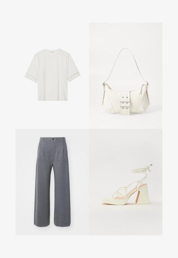Bílé tričko s krátkým rukávem vyrobené z bavlny, s dekorativní krajkovou aplikací na rukávech a kulatým výstřihem.; GAP CASHSOFT TAILORED PANT - Kalhoty - charcoal heather; Bílé sandály na vysokém podpatku s robustním podpatkem, s designem s pásky a zavazováním kolem kotníku. Hladký povrch s platformou vpředu pro zvýšení výšky.; Bílá kabelka na rameno s texturovaným povrchem, centrálním akcentem v podobě spony a zakřiveným tvarem. Zipové uzávěry na obou stranách.