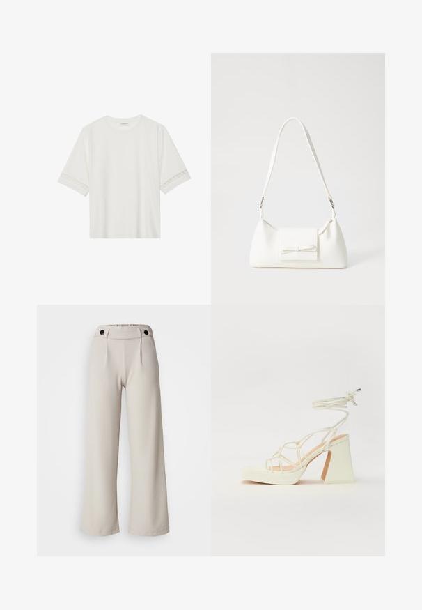 White short-sleeve t-shirt made from cotton, featuring decorative lace trim along the sleeves and a round neckline.; Pleated wide-leg pants in light beige fabric with a smooth texture, featuring a gathered waist and two black buttons on the waistband.; White high-heeled sandal with a chunky heel, featuring a strappy design and ankle tie. Smooth texture with a platform front for added height.; White synthetic handbag with a triangular shape, flat front flap and bow detail, adjustable strap, smooth texture, and minimalistic design.