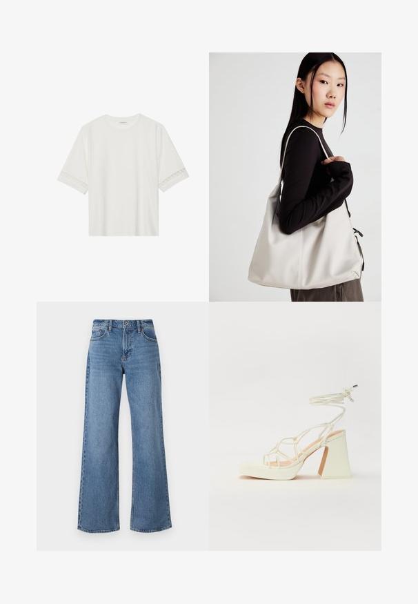 Tricou alb cu mânecă scurtă, confecționat din bumbac, cu dantelă decorativă pe marginea mânecilor și un guler rotund.; Jeans de denim, de culoare albastru deschis, cu picioare largi, talie înaltă, buzunare cu curea și închidere prin nasture. Detaliile includ cusături și tiv.; Sandale albe cu toc înalt și gros, cu un design cu curele și legătură la gleznă. Textură netedă, cu o platformă frontală pentru înălțime suplimentară.; Geantă bej din material moale, cu un design lejer, detalii cusute și două bretele pentru umăr. Potrivită pentru utilizarea zilnică.