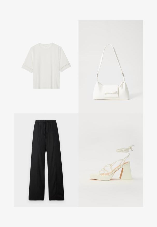 Weißes T-Shirt mit kurzen Ärmeln aus Baumwolle, mit dekorativem Spitzenbesatz entlang der Ärmel und einem runden Ausschnitt.; Schwarze weit geschnittene Hose aus leichtem Stoff. Mit einem elastischen Bund und Zugband. Schlichtes, minimalistisches Design ohne Muster.; Weiße High-Heel-Sandale mit einem klobigen Absatz, die über ein Riemchendesign und ein Knöchelband verfügt. Glatte Textur mit einer Plattform vorne für zusätzliche Höhe.; Weiße synthetische Handtasche in dreieckiger Form, flache Vorderklappe und Schleifendetail, verstellbarer Trageriemen, glatte Textur und minimalistisches Design.