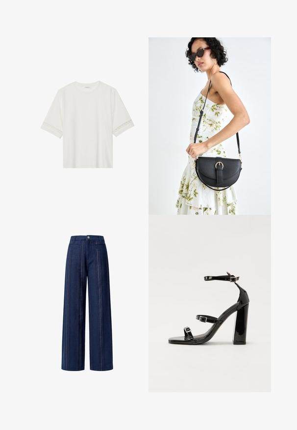 Vit kortärmad t-shirt i bomull, med dekorativa spetsdetaljer längs ärmarna och rund halsringning.; Breda denimbyxor i mörkblått, med vertikala randiga mönster i rött och vitt. Designade med en framknäppning och fickor på höfterna.; Svarta lackerade högklackade sandaler med två spännband, fyrkantig tå och en tjock klack, med en slät och glansig yta.; Svart läderhandväska med en böjd form, avtagbar rem och guldiga detaljer. Väskan har ett lock med en spänndetalj.