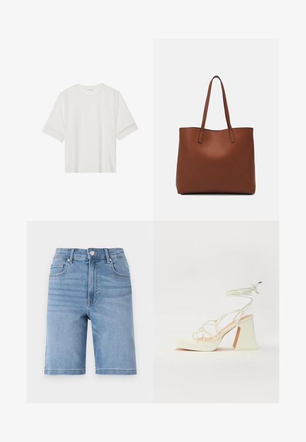 Bela kratka majica s kratkimi rokavi iz bombaža, okrašena z dekorativnim čipkastim robom ob rokavih in okroglo izrezom.; Svetlo modri jeans kratki hlače z ravnim krojem, zasnovo s petimi žepi in zaponko iz kovine. Mehka tekstura z rahlim bledenjem.; Bela sandala na visokih petah s debelim petam, ki ima obliko trakcev in vezanje okoli gležnja. Gladka tekstura z platformo spredaj za dodatno višino.; Rjava usnjena torba z gladko teksturo, odprto zasnovo zgoraj in dvema naramnima trakovoma. Opremljena je z minimalnim šivanjem in brez vidnih kovinskih delov.