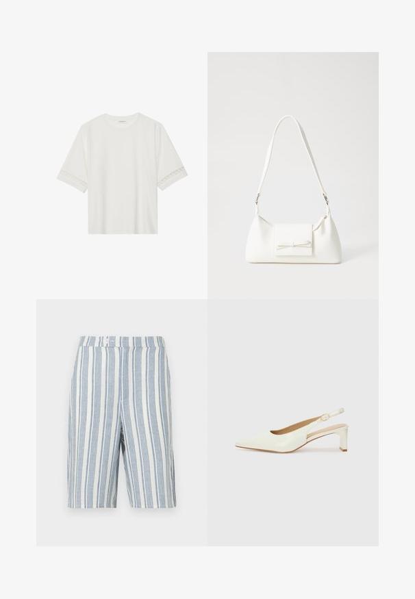 Λευκό κοντομάνικο μπλουζάκι φτιαγμένο από βαμβάκι, με διακοσμητική δαντέλα κατά μήκος των μανικιών και στρογγυλή λαιμόκοψη.; Λινά σορτς με κατακόρυφες μπλε και λευκές ρίγες, κανονική μέση με κουμπί, και δύο πλαϊνές τσέπες.; Λευκό παρθένο δερμάτινο παπούτσι slingback με κομμένο δάχτυλο και χαμηλό τετράγωνο τακούνι. Διαθέτει μια διακριτική ζώνη με λεπτομέρεια από χρυσό τόνο στην αγκράφα.; Λευκή συνθετική τσάντα σε τριγωνικό σχήμα, με επίπεδη μπροστινή καπάκι και λεπτομέρεια φιόγκου, ρυθμιζόμενο λουράκι, απαλή υφή και μινιμαλιστικό σχέδιο.