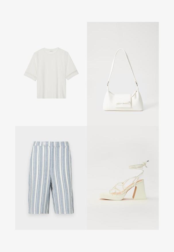 White short-sleeve t-shirt made from cotton, featuring decorative lace trim along the sleeves and a round neckline.; Linen shorts featuring vertical blue and white stripes, regular waistband with a button closure, and two side pockets.; White high-heeled sandal with a chunky heel, featuring a strappy design and ankle tie. Smooth texture with a platform front for added height.; White synthetic handbag with a triangular shape, flat front flap and bow detail, adjustable strap, smooth texture, and minimalistic design.