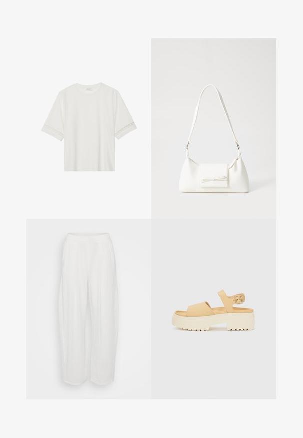 Fehér, rövid ujjas póló, pamutból készült, díszes csipkés szegéllyel az ujjak mentén és kerek nyakkivágással.; Fehér, laza szabású nadrág, amely kényelmes siluettet ad, texturált anyagból készült. Rugalmas derékpánttal és egyenes lábszárral rendelkezik.; Sárga műbőr szandál tömzsi fehér platform talppal. Két széles pánttal és állítható bokapánttal rendelkezik, fém csattal.; Fehér szintetikus kézitáska, háromszög alakú, lapos előlap, masni részlettel, állítható pánttal, sima textúrával és minimalista dizájnnal.