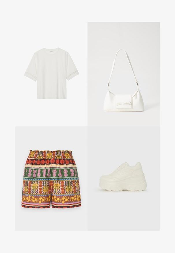 Valge lühikese varrukaga T-särk, mis on valmistatud puuvillast, kaunistatud pitsiga varrukate ääres ja ümmarguse kaelusega.; Mitmekesised lühikesed püksid, millel on erksad värvid nagu punane, kollane, roheline ja roosa, elastne vöökoht ning erinevad troopilised mustrid.; Valged platvormi tõusukingad, millel on siledast nahast meenutav pealis, ümar kuju, pehmendatud kaelus ja tekstureeritud kummitald koos selgete hüdrofoobsete mustritega.; Valge sünteetilisest materjalist kott kolmnurkse kujuga, lame esiklapiga ja kaaredetailiga, reguleeritava rihmaga, sileda tekstuuriga ja minimalistliku disainiga.