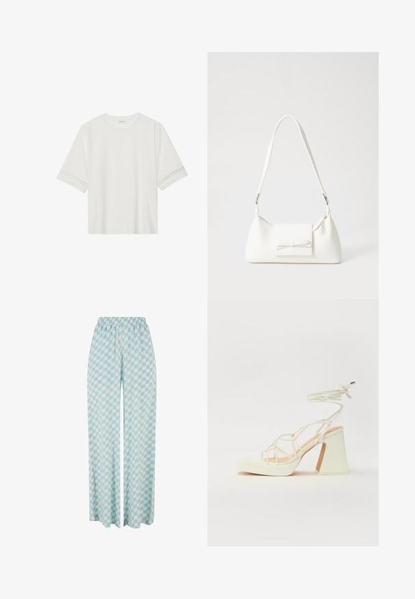 Witte korte mouwen t-shirt van katoen, met een decoratieve kantafwerking langs de mouwen en een ronde halslijn.; Lichtblauwe wijde broek met een geruit patroon in afwisselende tinten, met een elastische tailleband voor comfort.; Witte hoge hakken sandaal met een chunky hak, met een bandjesontwerp en enkelband. Gladde textuur met een plateau voor extra hoogte.; Witte synthetische handtas met een driehoekige vorm, platte voorklep en strikdetail, verstelbare schouderriem, gladde textuur en minimalistisch ontwerp.