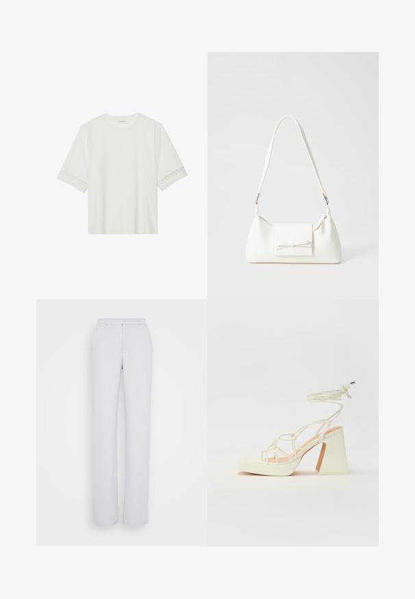 Balta trumpomis rankovėmis marškinėliai, pagaminti iš medvilnės, su dekoratyviais nėriniais aplink rankoves ir apvaliu kaklu.; Šviesiai pilki kelnės su tiesia kojų forma, pagamintos iš lygios medžiagos, su lygiu priekiniu paviršiumi, juosmeniu ir jokių matomų dekoracijų.; Balti aukštakulniai sandalai su masyviu kulnu, su dirželių dizainu ir kulkšnies raiščiu. Lygi tekstūra su platforma priekyje, suteikianti papildomą aukštį.; Balta sintetinė rankinė trikampio formos, plokščiu priekiu su užsegimu, kaspino detale, reguliuojama dirželiu, lygia tekstūra ir minimalistišku dizainu.
