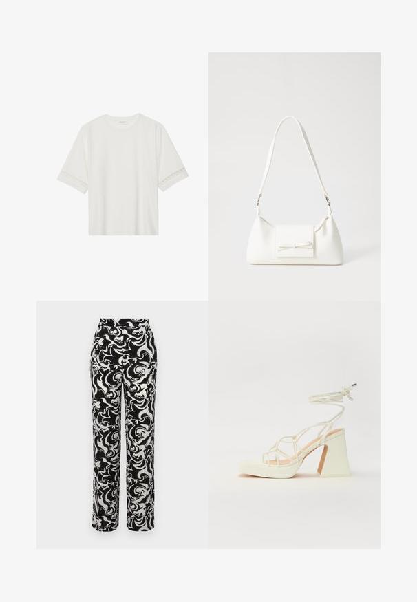 Balta trumpomis rankovėmis marškinėliai, pagaminti iš medvilnės, su dekoratyviais nėriniais aplink rankoves ir apvaliu kaklu.; Juodos ir baltos spalvotų raštų kelnes su aukštu juosmeniu, išsiskiriančios sukasi abstrakčiu dizainu ir tiesia kojų forma. Lygus audinio paviršius.; Balti aukštakulniai sandalai su masyviu kulnu, su dirželių dizainu ir kulkšnies raiščiu. Lygi tekstūra su platforma priekyje, suteikianti papildomą aukštį.; Balta sintetinė rankinė trikampio formos, plokščiu priekiu su užsegimu, kaspino detale, reguliuojama dirželiu, lygia tekstūra ir minimalistišku dizainu.