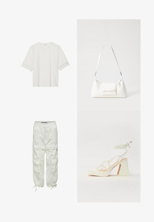 Balta trumpomis rankovėmis marškinėliai, pagaminti iš medvilnės, su dekoratyviais nėriniais aplink rankoves ir apvaliu kaklu.; Baltos cargo kelnės su elastingu juosmeniu, keliomis šoninėmis kišenėmis ir raišteliais ties kulkšnimis. Tekstūruota, lengva medžiaga.; Balti aukštakulniai sandalai su masyviu kulnu, su dirželių dizainu ir kulkšnies raiščiu. Lygi tekstūra su platforma priekyje, suteikianti papildomą aukštį.; Balta sintetinė rankinė trikampio formos, plokščiu priekiu su užsegimu, kaspino detale, reguliuojama dirželiu, lygia tekstūra ir minimalistišku dizainu.