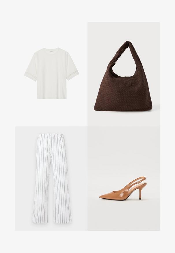 Camiseta blanca de manga corta hecha de algodón, con un ribete decorativo de encaje en las mangas y un escote redondo.; Pantalones blancos con rayas verticales azules, hechos de una tela ligera. Presentan una cintura elástica y piernas anchas y acampanadas.; Zapato de tacón tipo slingback con punta afilada en un material suave y brillante de color marrón. Presenta un diseño con corte curvado y un tacón de aguja delgado. Detalle de hebilla plateada.; Bolso de mimbre marrón con forma relajada, una sola asa en bucle y una superficie texturizada. El diseño presenta un estilo hobo sin hardware adicional.