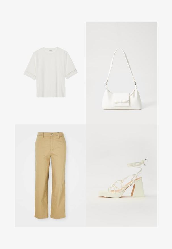 Biele tričko s krátkym rukávom vyrobené z bavlny, s dekoratívnym čipkovým lemovaním pozdĺž rukávov a okrúhlym výstrihom.; Béžové bavlnené nohavice so strihom rovného nohavicu. Obsahujú zapínanie na gombík, pútka na opasok a predné vrecká, ľahká textúra.; Biele sandále na vysokom opätku s hrubým podpätkom, s pruhovaným dizajnom a viazaním na členku. Hladký povrch s platformou vpredu pre zvýšenú výšku.; Biela syntetická kabelka s trojuholníkovým tvarom, plochým predným klapkou a detailom mašle, nastaviteľným popruhom, hladkou textúrou a minimalistickým dizajnom.